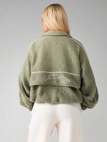 Missguided x Playboy Sage Green Sherpa Half Zip Sweatshirt With White Contrast Piping And Embroidered Text Detail For Fall Winter - Green - View 2