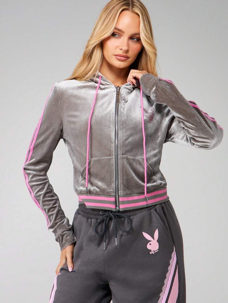 Missguided x Playboy Velour Zip Up Hoodie Jacket With Rhinestone Logo And Pink Trim Details