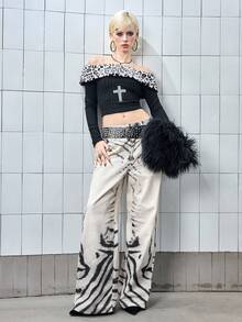 ROMWE J-Fashion Vintage Fashionable Loose Straight Leg Gradient Zebra Print Jeans, Unisex - Multicolor - View 2