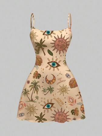 Fairycore Hippie Urlaubs romantische Kokospalme Sonne Hippie Mond & Stern sexy Trägerhemd elastisches Minikleid mit Allover-Muster für Frauen