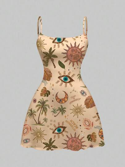 Fairycore Abito mini elasticizzato e stampato a tutto motivo con cocco, sole, luna e stelle, in stile hippie romantico da vacanza per donne
