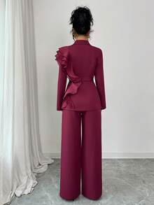 Elenzga 女士优雅奢华正式礼服套装，亮片欧根纱荷叶边领带西装套装，包含长袖外套和直筒裤，酒红色，适合万圣节、圣诞节、新年派对、毕业典礼、婚礼等场合。 - 酒紅色 - 查看 2