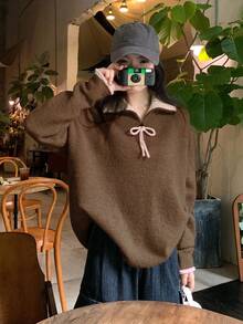 DAZY 女士撞色韩版休闲长袖毛衣，秋冬款 - 咖啡棕 - 查看 4