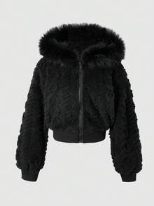 SHEIN 1件女童时尚连帽外套，黑色爱心提花双面抓绒长袖拉链连帽衫，带毛领，短款外套，适合室内、室外、聚会、运动、通勤、春季、秋季、冬季穿着。 - 黑色 - 查看 4