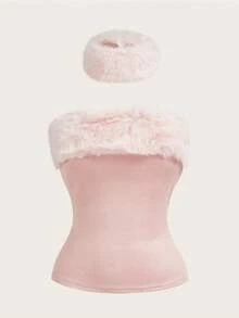 Aloruh Y2K 性感时尚音乐节露脐上衣，毛领设计，紧身粉色女士衬衫 - 淺粉色 - 查看 1