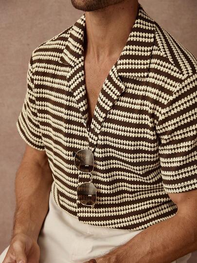 Core Aspect Knitted Stripe Jacquard Casual Vacation Men's Short Sleeve Shirt,Versatile Items For Daily Commuting, Travel, Vacation And Outings,Husband And Boyfriend Gifts For Friends,Casual And Simple Style, Urban Mature Style, British Gentleman Style,Shirts For Men, Old Money Style