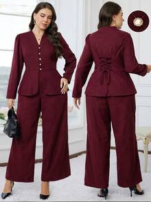 Modelyn Bộ đồ 2 món cho nữ cỡ lớn - Áo và quần màu trơn - Màu đỏ tím - Xem 1