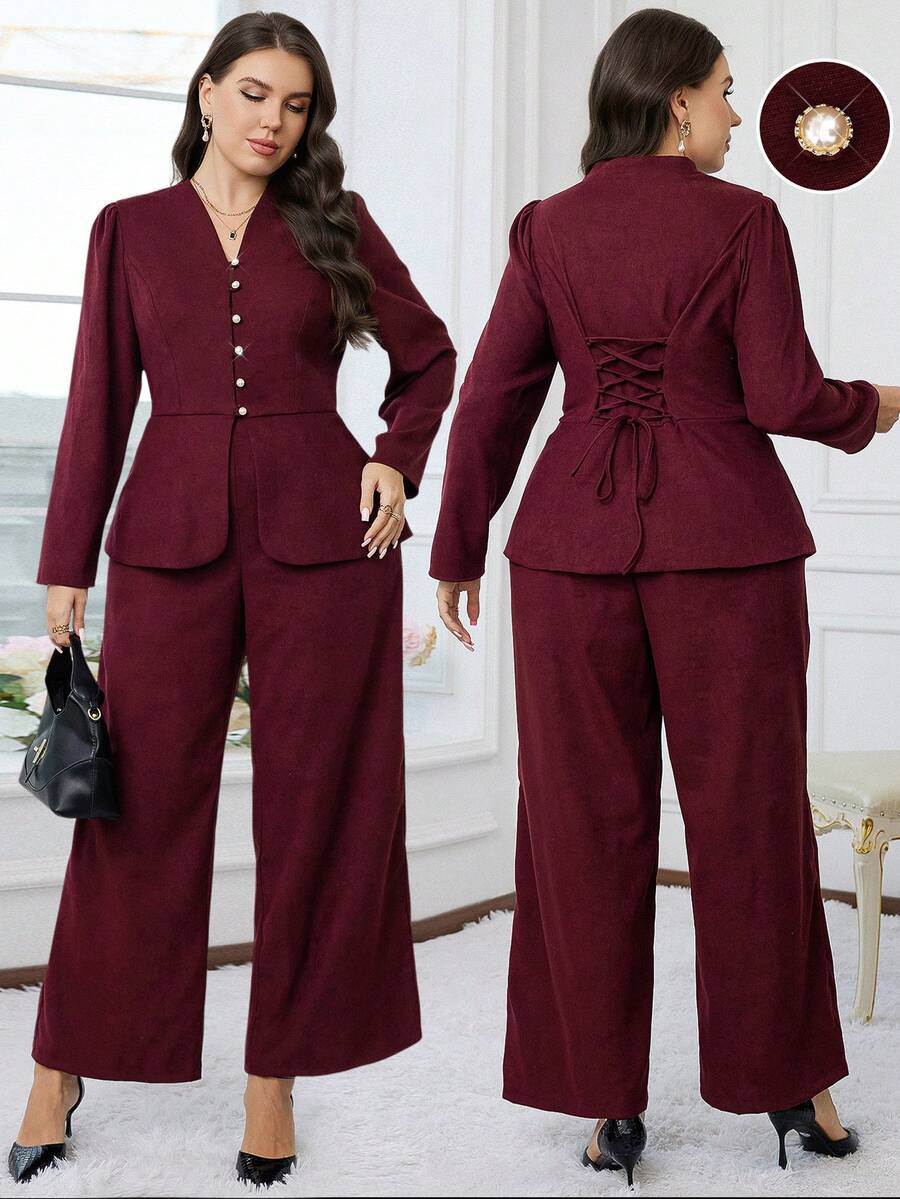 Modelyn Bộ đồ 2 món cho nữ cỡ lớn - Áo và quần màu trơn - Màu đỏ tím - Xem 1