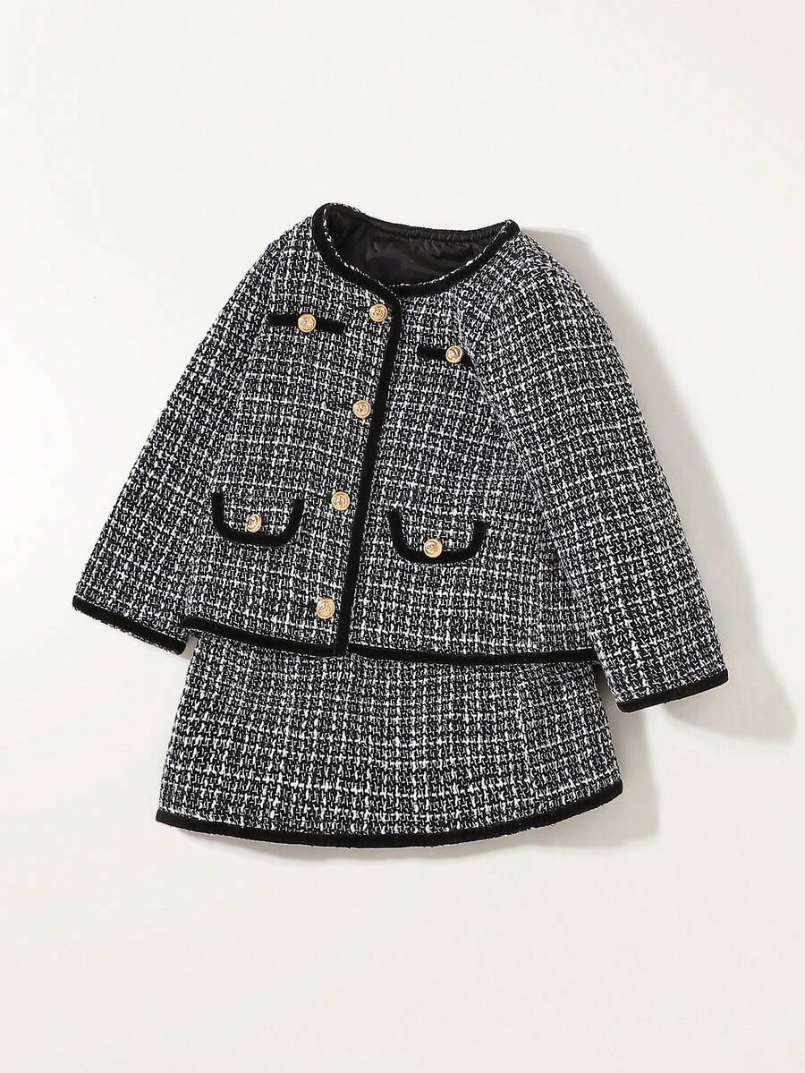 Maija Kids Young Girl Classic Autumn And Winter Fashion, Versatile, Suitable For Outdoor, Home, Party, Daily Leisure, Elegant, Simple Round Neck Black Velvet Lace, Metal Button Decoration Coat, Pleated Half-Length Skirt, Classic Black And White Thick Tweed Suit Suitable For Christmas. Fall