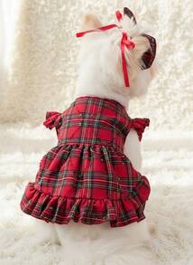 PETSIN 1PC Pet Cat Dog Universal Christmas Red Classic Checkered Cute Little Flying Sleeve Bow Decoration Dog Dress - Multicolor - View 4