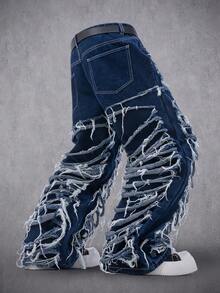 Manfinity Denimwave Men's Casual Distressed Ripped Frayed Hem Blue Jeans Mens Ripped Jeans