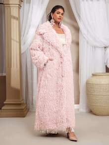 VOLUPTÉ CURVE Abrigo de piel sintética para mujer de talla grande, inspirado en el vintage con flecos de plumas esponjosas, chaqueta larga de manga larga de ajuste holgado de piel suave, moda urbana, adecuado para el Día de San Valentín, muy recomendado - Rosa Pálido - Ver 3