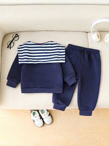 SHEIN 3pcs Baby Boy Baby Girl Unisex Infant Toddler 6M-3T Embroidered Pattern Crew Neck Thermal Lined Sweatshirt And Striped Shawl Collar Pants Set, Autumn/Winter Baby Casual Sets Baby Autumn Outfits Baby Tracksuit Baby Winter Outfits Baby Sweat Outfits Baby Boy Outfit Baby Boy Outfit Set Baby Boy Clothes Boys Outfit Sets Fall Kids Boys - Blue - View 2