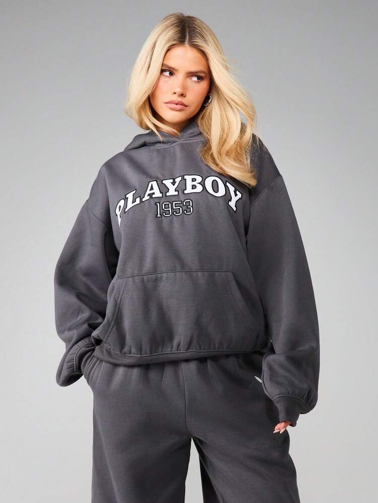 Missguided x Playboy ドローストリング付きオーバーサイズグラフィックパーカー