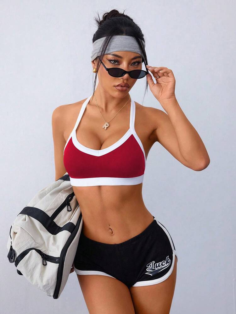 SHEIN Sovereign Charm 1 Áo ngực thể thao liền mạch, vải thấm hút mồ hôi, dây đeo có thể điều chỉnh, kiểu dáng cơ bản, dùng cho tập thể dục, yoga - Fiery Red - Xem 3