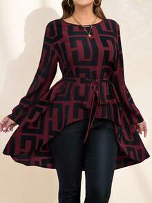 SHEIN Clasi 大码休闲通勤通勤衬衫，正面短款，背面长款，秋季款，印花图案 - 酒紅色 - 查看 5