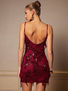 Silquee Rochie mini pentru femei la modă, cu paiete, ciucuri, spate fără bretele, pentru petrecere - Burgundia - Vizualizare 2