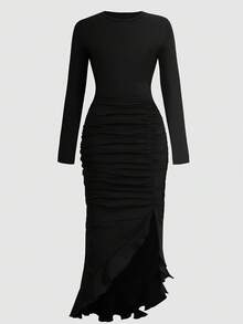 Girlism Vestido de manga larga con cuello redondo, ajustado, con abertura y volantes en el bajo, de unicolor para adolescentes