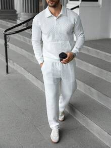 Manfinity Homme Men's Pullover Pullover Sweatshirt Set, Mature Casual Style With Button & Kangaroo Pocket Design, Versatile For Daily Wear Mens 2 Piece Leisure Suits Men White Co Ord Set Men White Suit Set Men 2 Piece Knit Outfit Set Men S Co Ord Set - White - View 2