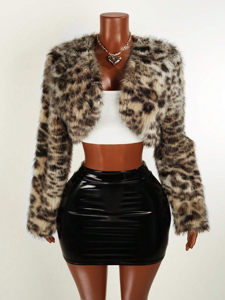 Mistrie 女士时尚豹纹仿皮草外套，复古别致性感美式风格，高端百搭 - 卡其色 - 查看 1