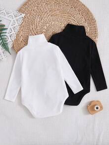 Cozy Pixies 2pcs Baby Boys Black & White High Neck Knit Soft Crew Neck Long Sleeve Bodysuit, Thermal Lined Thick Warm For Winter - Black and White - View 2