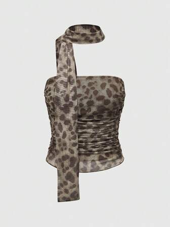 J-Fashion Camiseta de tirantes ajustada con pliegues y estampado de leopardo para mujer