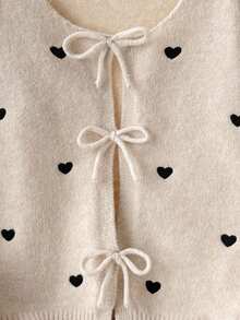 SHEIN Loose Casual Comfortable Round Neck Heart & Bowknot Cardigan For Teen Girls Cozy Fall & Winter Styles - Apricot - View 3