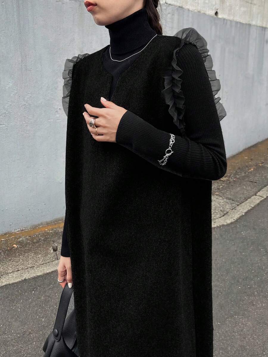 FRIFUL Women's Solid Color V-Neck Mesh Patchwork Ruffle Hem Straight Casual Dress