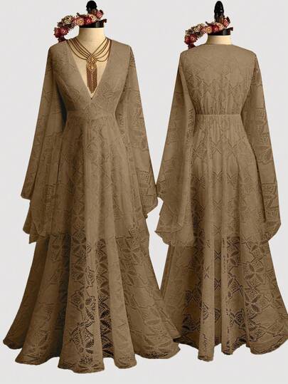 Lyrianda Vestido de encaje francés de lujo de alta gama, nuevo vestido elegante de moda con cuello en V y mangas acampanadas, vestido de fiesta de noche, vestido formal de cumpleaños