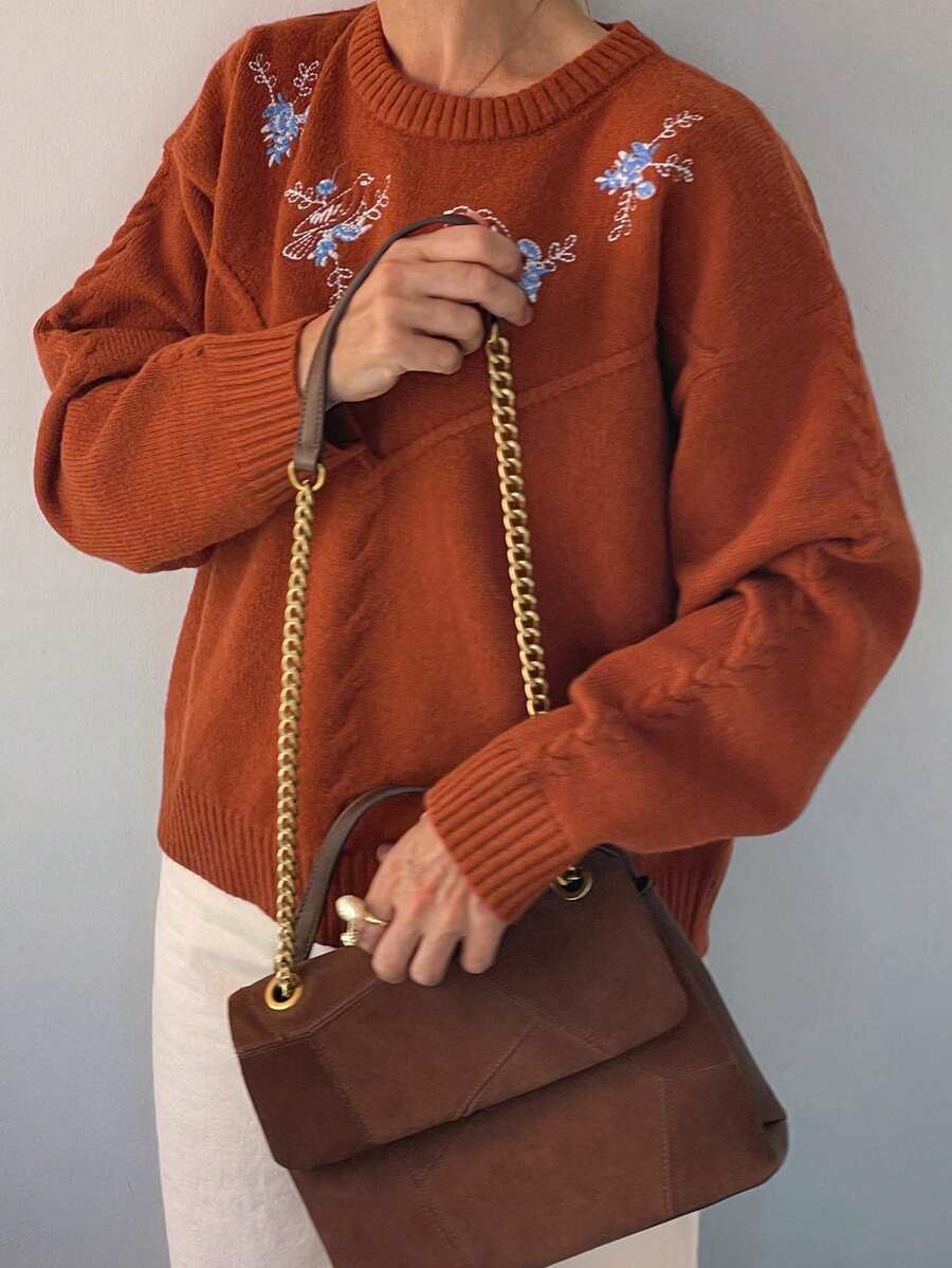 Vivie Lora Women's Embroidered Loose Fit Crew Neck Sweater - Brown - View 1