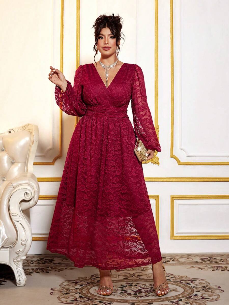 Cravure 大码女士优雅V领长袖A字连衣裙，适合外出和聚会，秋冬季穿着 - 酒紅色 - 查看 1