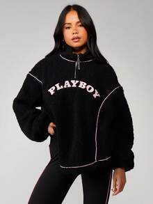 Missguided x Playboy 四分之一拉链泰迪绒卫衣，粉色撞色滚边细节，休闲街头风套头衫 - 黑色 - 查看 5