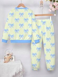 返校季，复古甜美蝴蝶结图案，美式街头风印花，秋冬气息，高端休闲宽松舒适圆领长袖连帽衫和裤子两件套，少女 - 彩色 - 查看 4