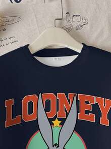 LOONEY TUNES X SHEIN 青少年男孩休闲拼色字母和兔子印花圆领运动衫，秋季 - 白色 - 查看 4
