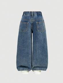 Maija Kids Maija Kids Young Girl' Y2K White Bow Embroidered Pattern Blue Denim Loose Pants,Fall Clothes,Winter Clothing ,Casual And Fashionable Vacation Outfits,2000s Style ,Halloween Denim Jeans ,Christmas  Clothes,Sweet Outfits For Girls - Light Wash - View 4