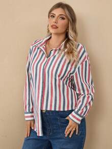 EMERY ROSE Plus Size Women Striped Drop Shoulder Long Sleeve Single-Breasted Casual Stripe Shirt Christmas New Year - Multicolor - View 3