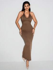Nuvra Women's Halter Backless Double Layer Shapewear Dress With Lining, Waist Cinching, Butt Lifting, Mid-Length Bodycon Dress Brown Bodycon Dress Bodycon Maxi Dress Built In Bra Dress Brown Sexy Dress Slaydiva Dresses Elegant Dresses For Women - Brown - View 8