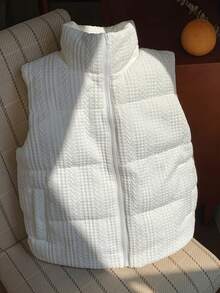 Comfortcana Chaqueta sin mangas con cuello alto y cremallera, de tela texturizada de unicolor, para uso casual y diario, para mujer, otoño/invierno, Navidad - Blanco - Ver 7