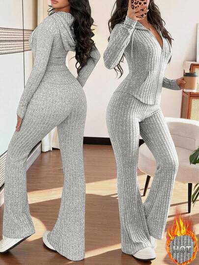 Rafferiza 2 件套女式休闲连帽运动衫，带口袋和罗纹喇叭裤套装，适合日常穿着，秋冬