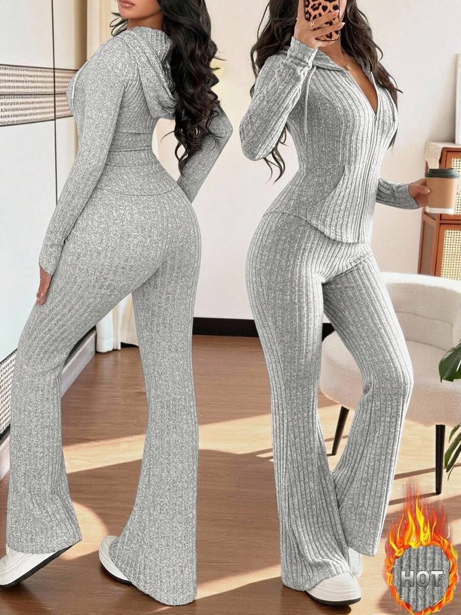 Rafferiza 2 件套女式休闲连帽运动衫，带口袋和罗纹喇叭裤套装，适合日常穿着，秋冬 - 灰色 - 查看 1