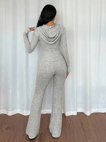 Rafferiza 2 件套女式休闲连帽运动衫，带口袋和罗纹喇叭裤套装，适合日常穿着，秋冬 - 灰色 - 查看 5