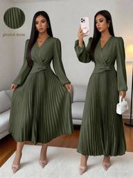 Islaluna Nuevo vestido elegante de mujer de ajuste ceñido con cuello en V, mangas abultadas, cintura plisada y unicolor, para otoño/invierno