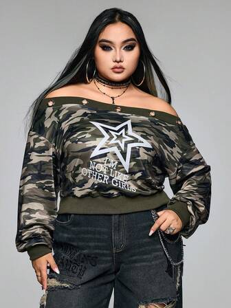 Grunge Punk Plus Size Y2K Subculture Plus Size Punk Camo Star & Letter Print Off Shoulder Sweatshirt, Streetwear Fashion For Women, Autumn/Winter