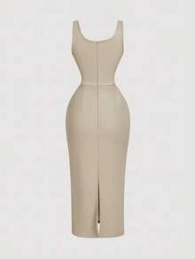 SHEIN MOD 女士优雅卡其色修身PU连衣裙，适合通勤 - 卡其色 - 查看 2