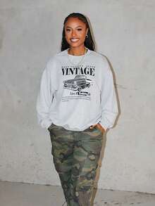 Steph T Lässiger Vintage-Car-Muster-Muster Loose Fit Rundhals-Sweatshirt mit Langarm für Frauen