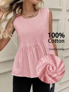 SHEIN LUNE Women's Casual Pleated Sleeveless White Cotton Blouse 100% Cotton Tops Pink Cotton Tops Summer Cotton Tops Cotton Sleeveless Tops Pink Summer Blouses Pink Tops Cotton Blouses Summer Tops Pink Summer Tops