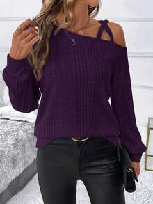 SHEIN Clasi Clasi 女士加厚磨毛罗纹不对称领T恤 - 中紫紅色 - 查看 5