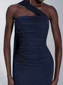 Elitara Elegant Brown Strapless High Stretch Glossy Mesh Ruched Fishtail Asymmetric Halter Maxi Dress, Suitable For Dates, Weddings, Events, Bridesmaid - Navy Blue - View 2