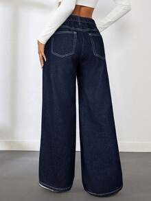 Jeans anchos de cintura baja de ajuste holgado, cómodos y lavados de un solo color, estilo casual Y2K para adolescentes, color azul oscuro, para otoño/invierno, uso diario, streetwear, Halloween, Navidad, jeans de invierno, jeans para adolescentes, pantalones de pierna ancha - Azul lavado oscuro - Ver 2
