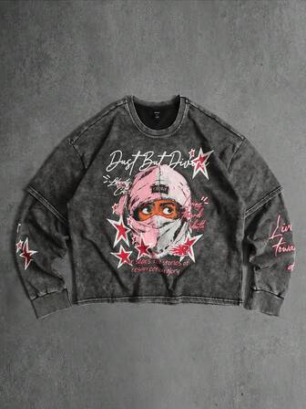 Street Life T-shirt à manches longues pour hommes avec imprimé délavé, coupe ample